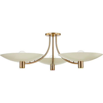 Wolfe Semi Flush by Troy in patina brass and soft sand. Made from steel in a transitional style.