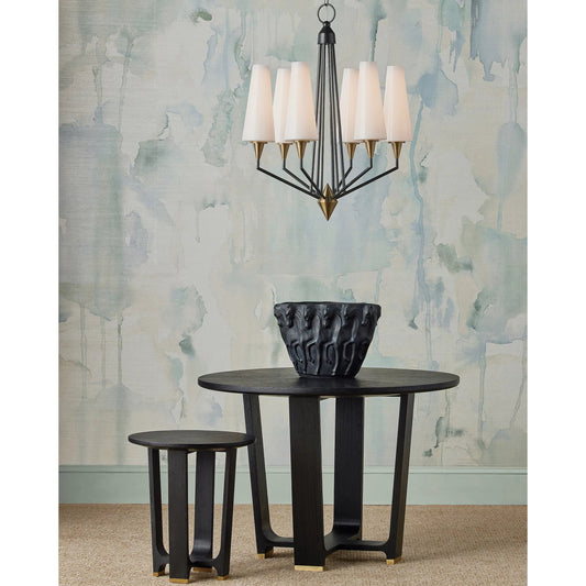 Hennin Chandelier by Currey and Company in polished antique brass, oil rubbed bronze. Made from metal, glass in a modern style.