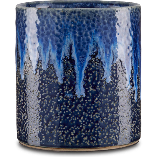 Kelmscott Cachepot by Currey and Company in dark blue, reactive blue. Made from ceramic in a modern style.
