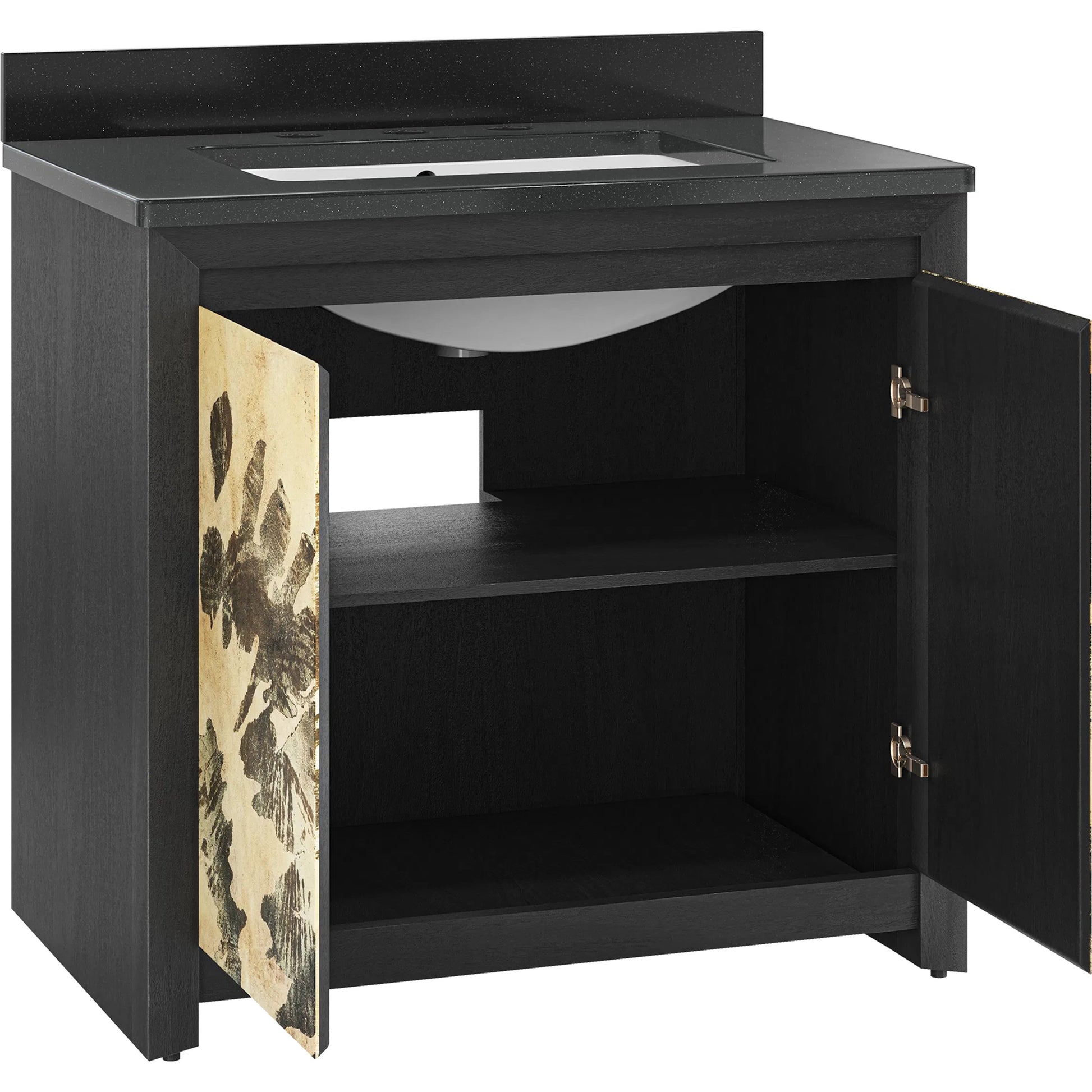 Karlson 36" Vanity with Undermount Sink by Currey and Company in stained vellum, caviar black, faux bone. Made from oak solids, veneer, leather vellum, granite, vitreous china in a unique style.