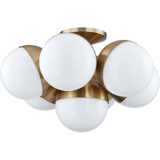 Cupertino 7 Light Semi Flush Mount by Troy in patina brass. Made from brass in a modern style.