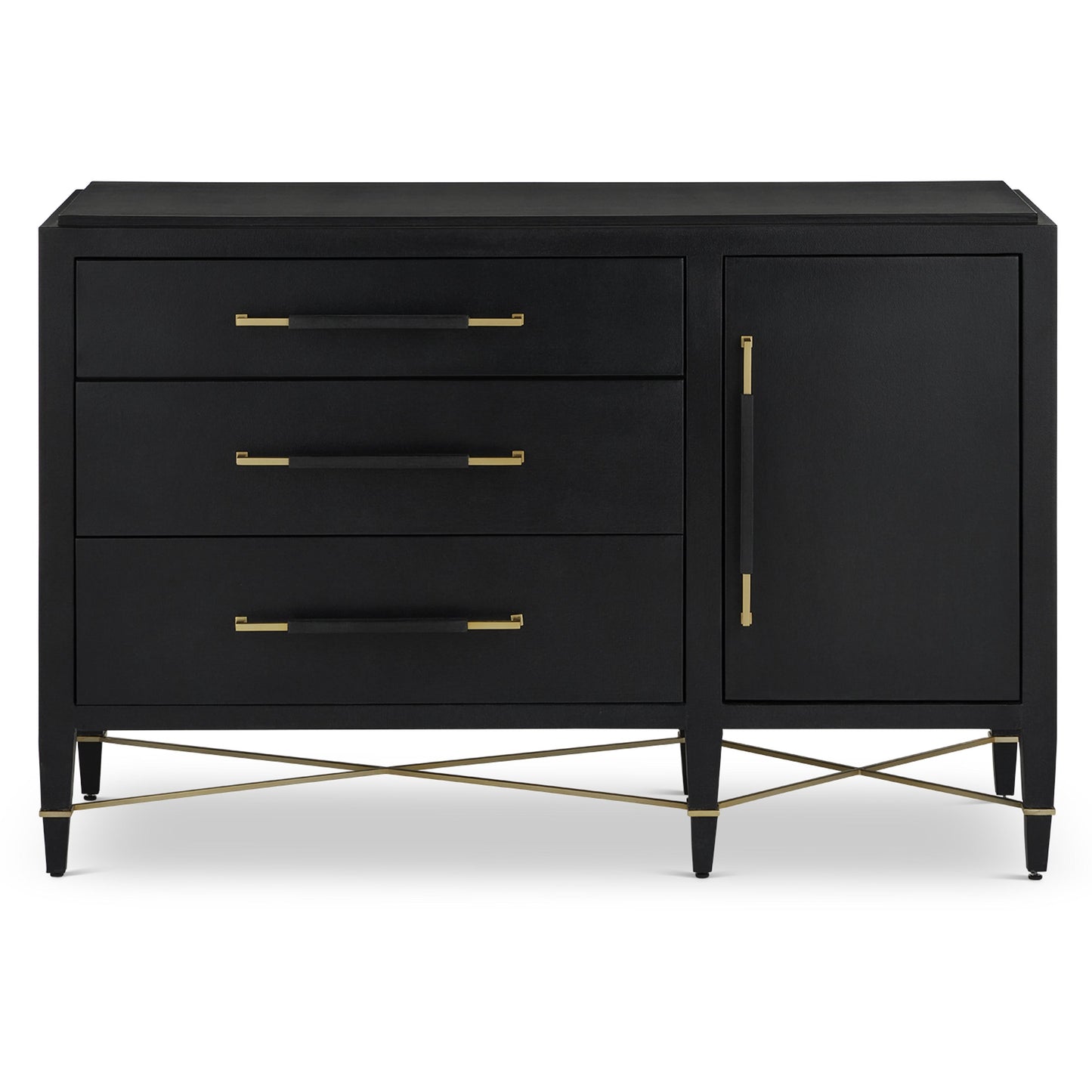 008 SI-2007903 | Additional Silo | Verona Three-Drawer Chest by Currey and Company in lacquered black linen, champagne. Made from black linen, mahogany, brass, iron in a traditional style.
