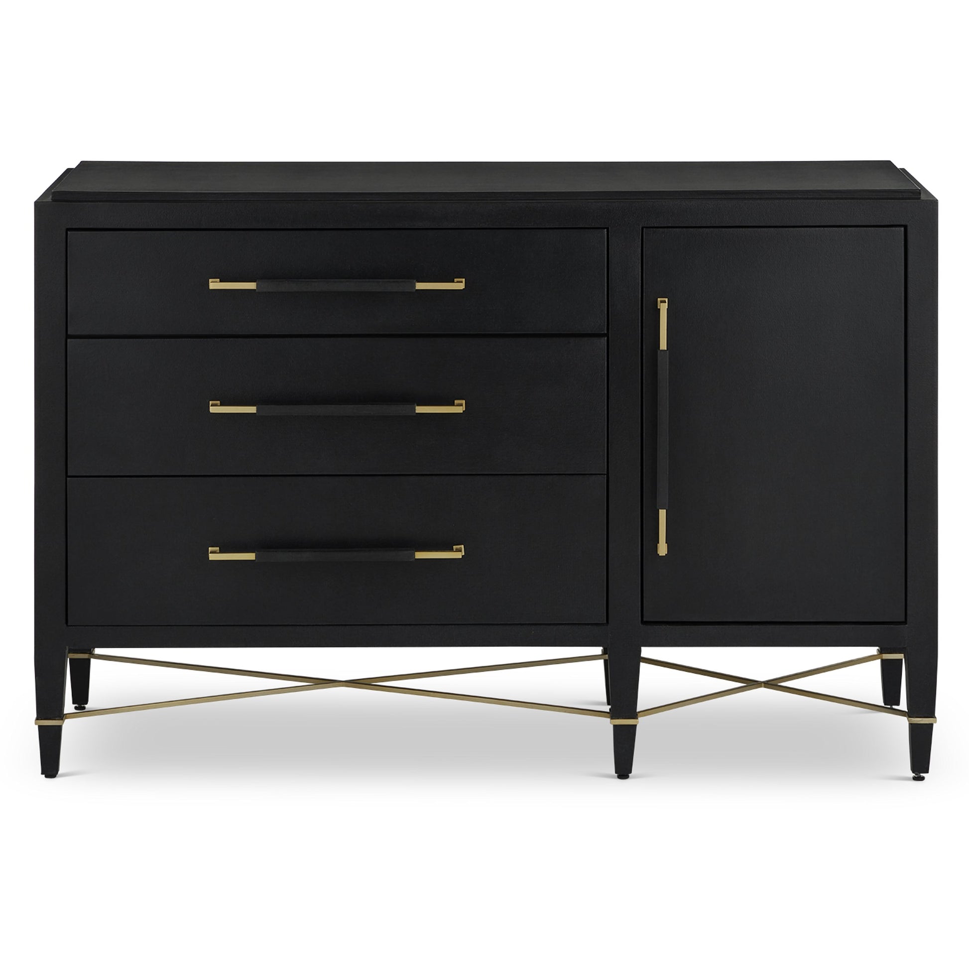 Verona Three-Drawer Chest by Currey and Company in lacquered black linen, champagne. Made from black linen, mahogany, brass, iron in a traditional style.