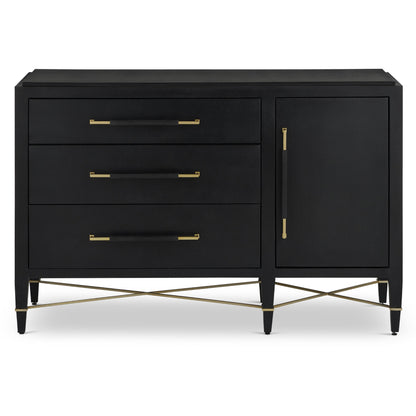 Verona Three-Drawer Chest by Currey and Company in lacquered black linen, champagne. Made from black linen, mahogany, brass, iron in a traditional style.