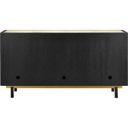 Deanna Raffia Credenza by Currey and Company in ivory, black, satin brass, natural, clear. Made from raffia, okume veneer, stainless steel, sycamore veneer, tempered glass in a modern style.