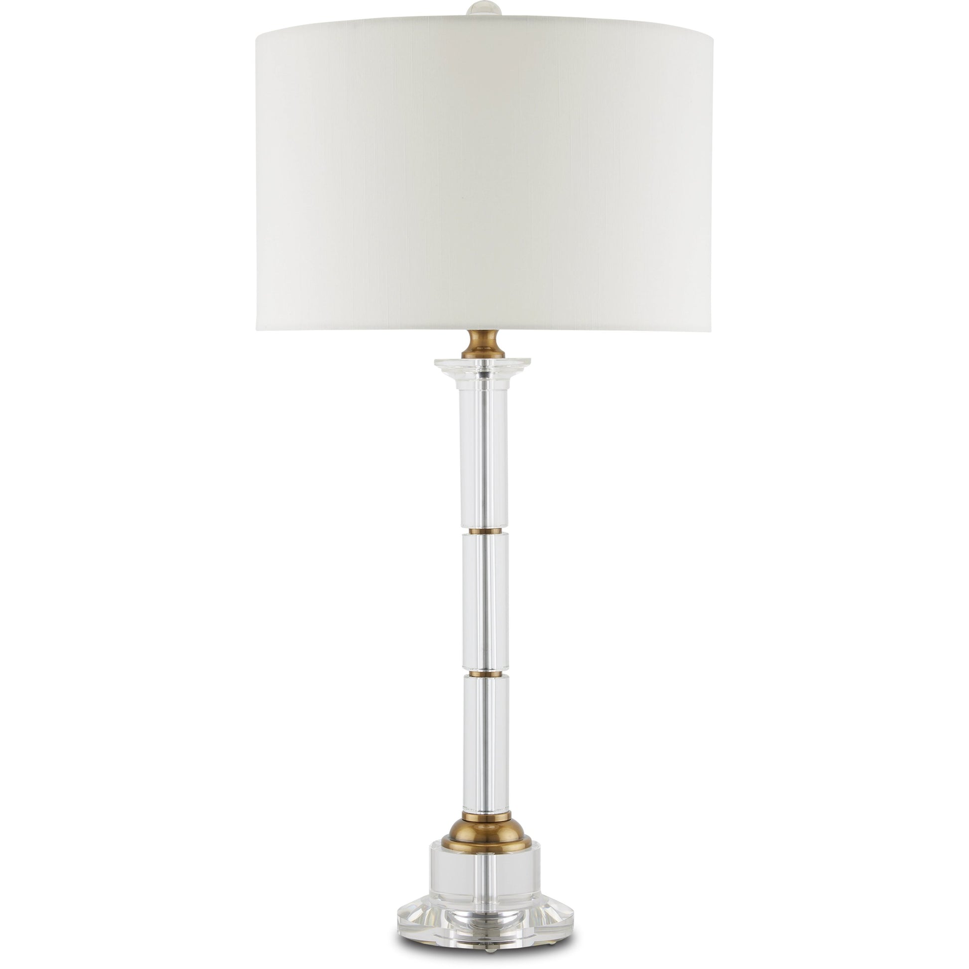 Lothian Table Lamp by Currey and Company in clear, antique brass. Made from optic crystal, metal in a transitional style.
