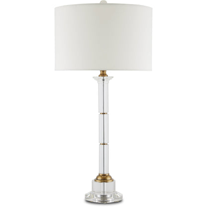 Lothian Table Lamp by Currey and Company in clear, antique brass. Made from optic crystal, metal in a transitional style.