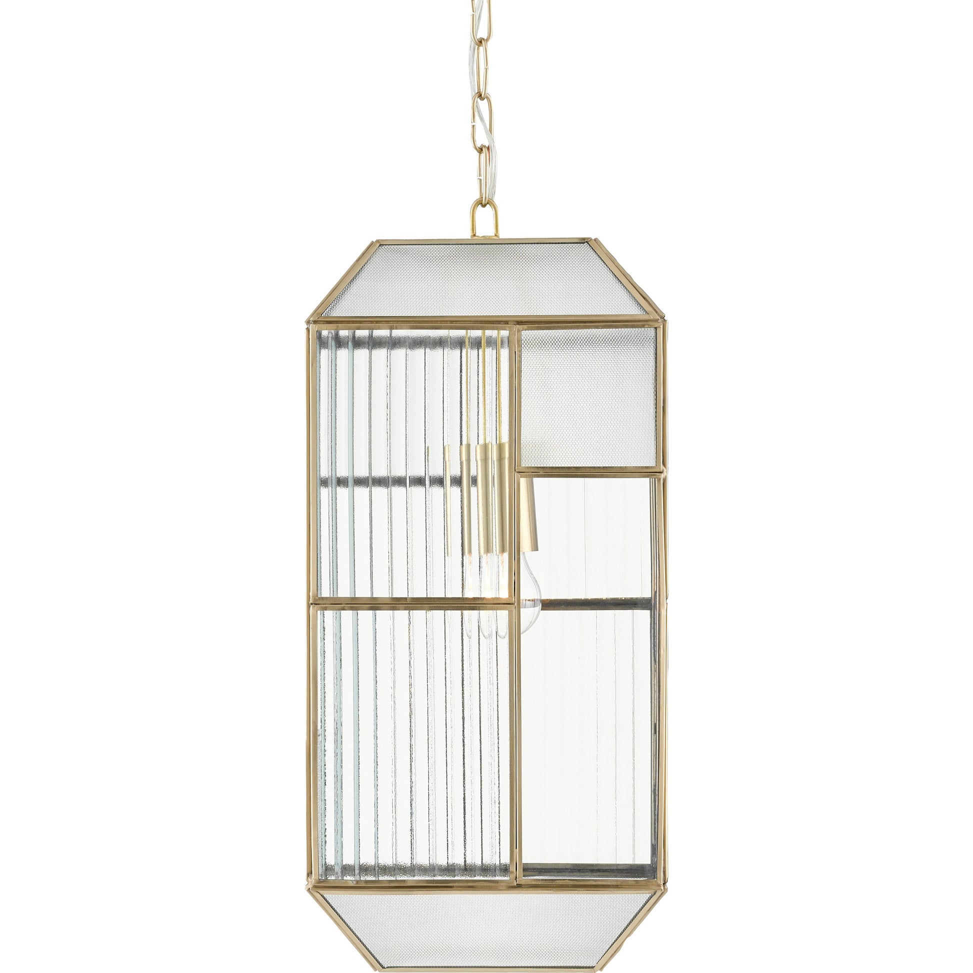 Bardolph Pendant by Currey and Company in antique brass. Made from iron, glass in a transitional style.