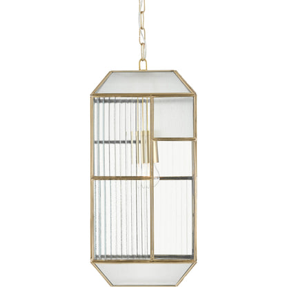 Bardolph Pendant by Currey and Company in antique brass. Made from iron, glass in a transitional style.