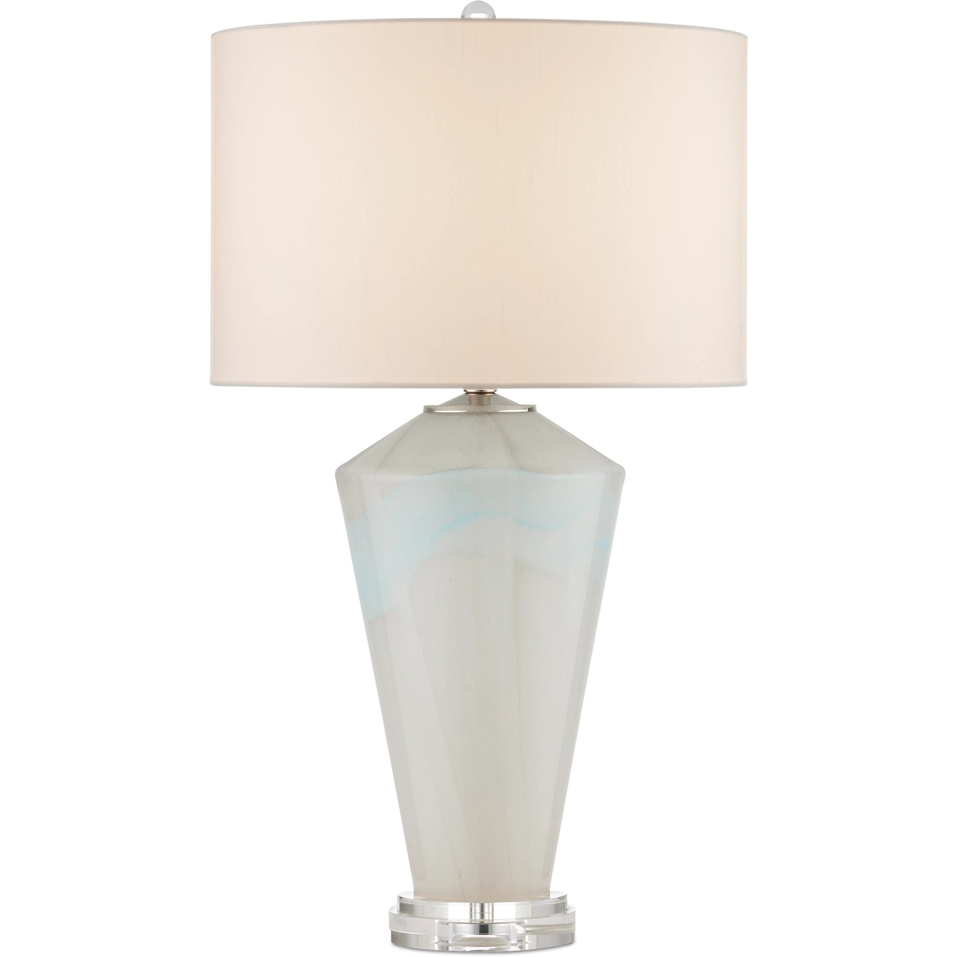 Floating Cloud Table Lamp by Currey and Company in pale gray, light blue, clear, polished nickel. Made from glass, optic crystal, metal in a modern style.