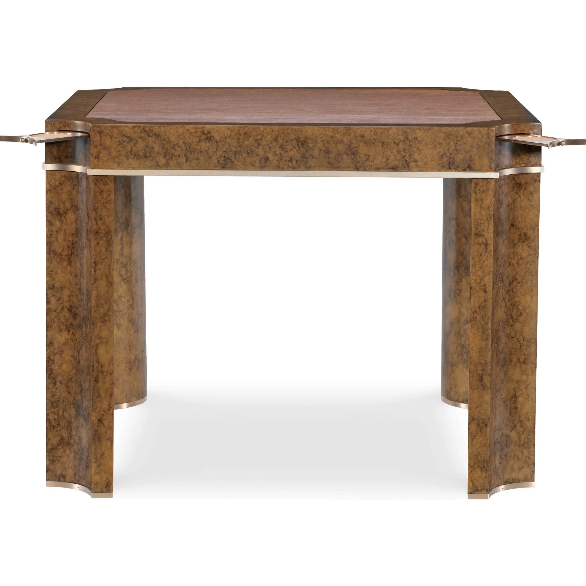 Archives Game Table by Hooker Furniture in amber faux-tortoise shell. Made from leather, hair on hide leather, birch veneers, metal in a traditional style.