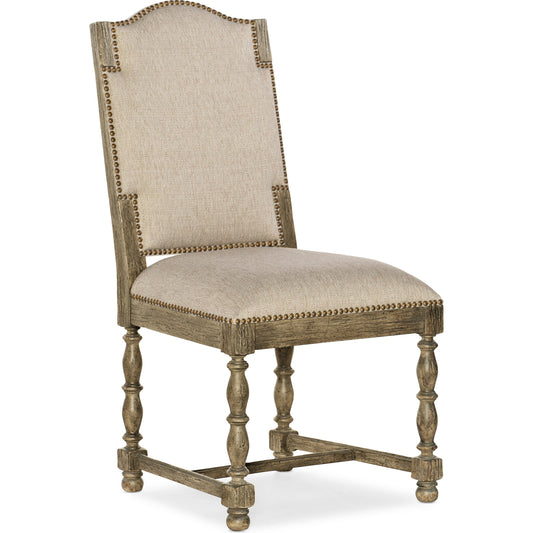 001 SI-1749052 | Primary Silo | La Grange Kruschel Square Back Side Chair (Set of 2) by Hooker Furniture in beige and barn wood, oat. Made from fabric, nailheads in a traditional style.