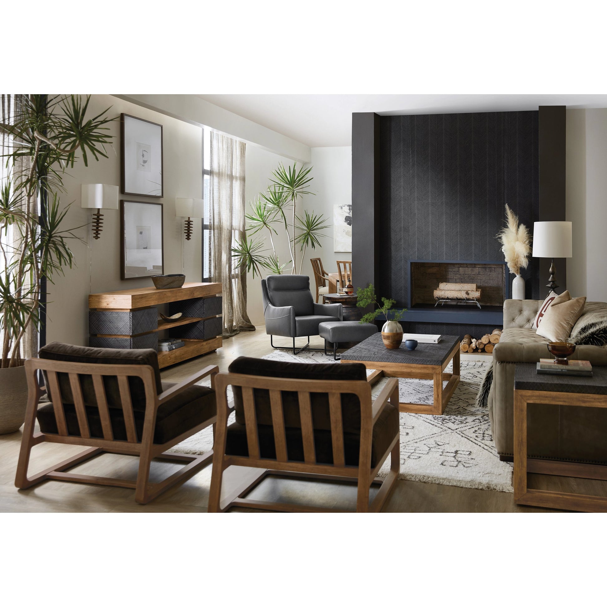 Big Sky 4-Drawer Entertainment Console by Hooker Furniture in furrowed bark. Made from pecky hickory veneers, resin, solid-wood edged top in a modern style.