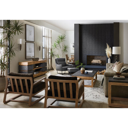 Big Sky 4-Drawer Entertainment Console by Hooker Furniture in furrowed bark. Made from pecky hickory veneers, resin, solid-wood edged top in a modern style.