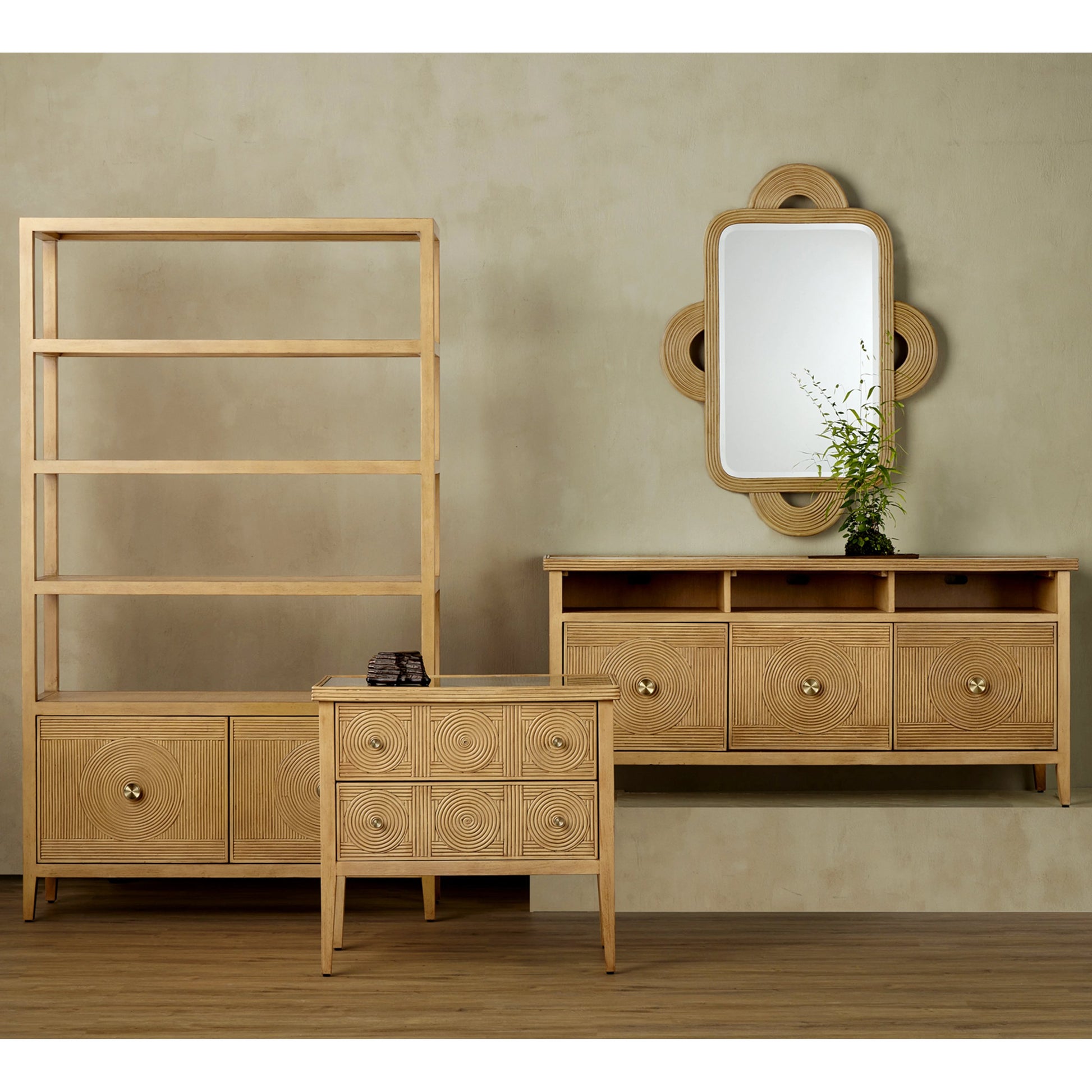 Santos Storage Etagere by Currey and Company in vintage navy, brushed brass. Made from rattan, mahogany, grasscloth, brass in a transitional style.