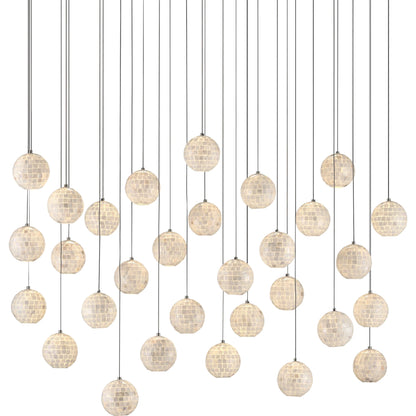 Finhorn Linear Pendant by Currey and Company in painted silver, pearl. Made from metal, mother of pearl in a modern style.