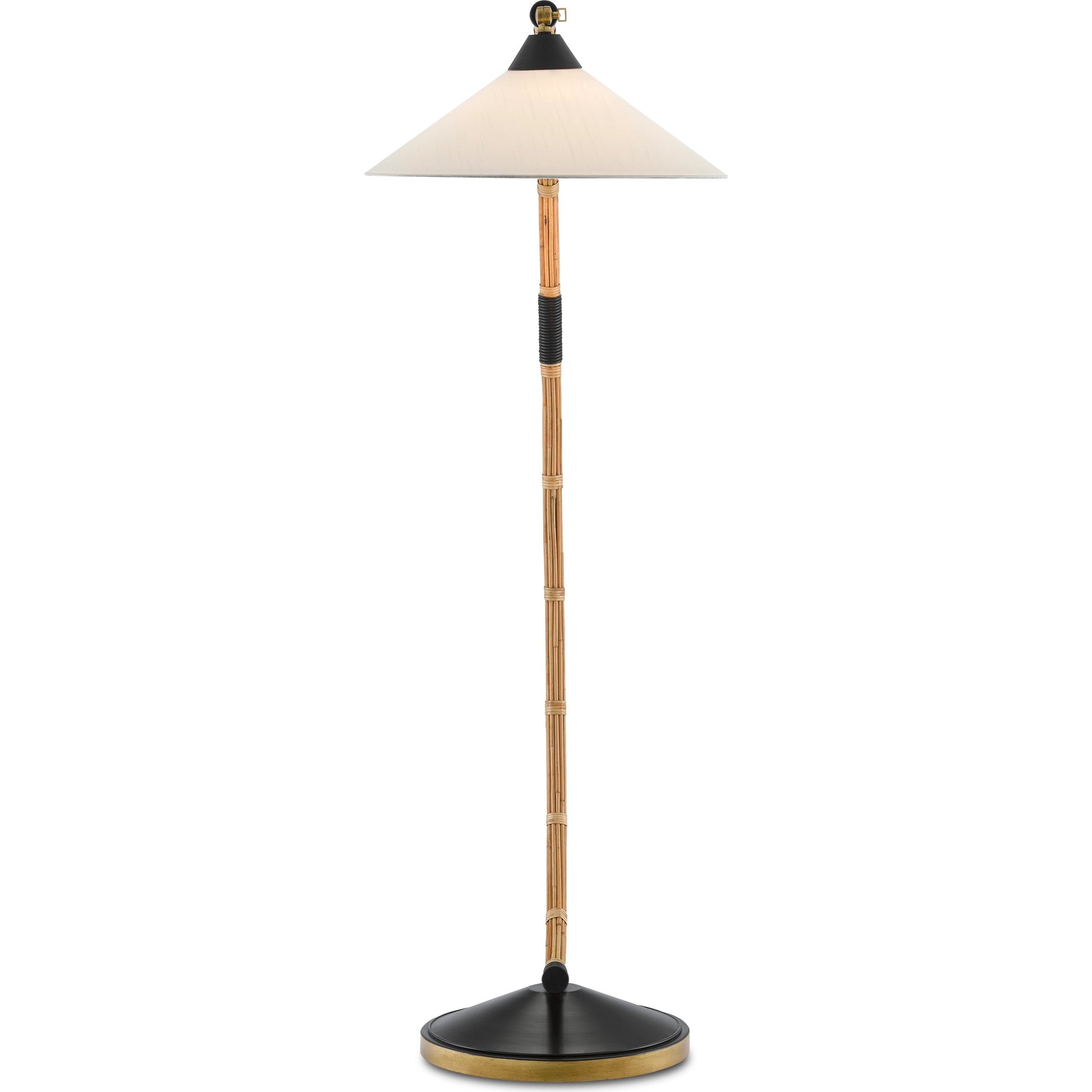 Lisbon Floor Lamp by Currey and Company in natural, rattan, new brass, satin black. Made from wrought iron, rattan in a modern style.