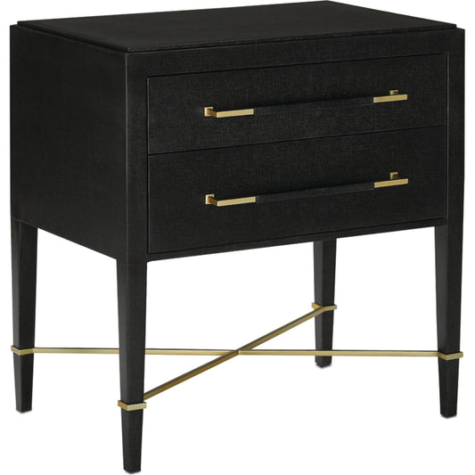 Verona Nightstand by Currey and Company in black lacquered linen, champagne stretchers, linen wrapped cha. Made from solid wood, engineered hardwood in a traditional style.