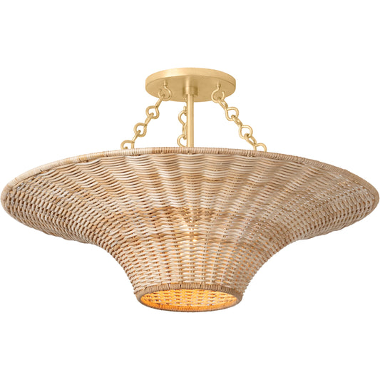 Ketan Semi Flush by Troy in vintage gold leaf. Made from natural woven in a unique style.