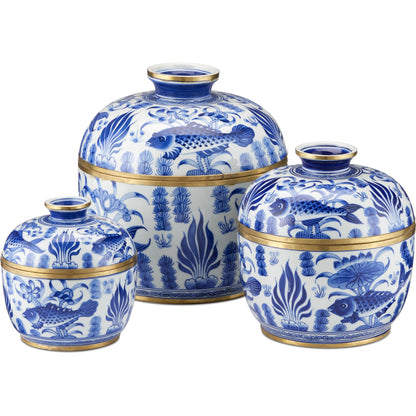 Rice Tureen Set by Currey and Company in white, blue, brass. Made from ceramic, brass in a unique style.
