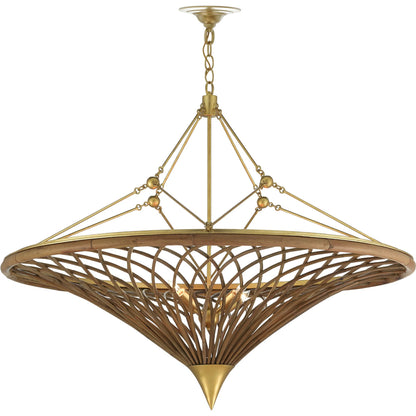 Gaborone Chandelier by Currey and Company in natural, contemporary gold leaf. Made from rattan, wrought iron in a modern style.