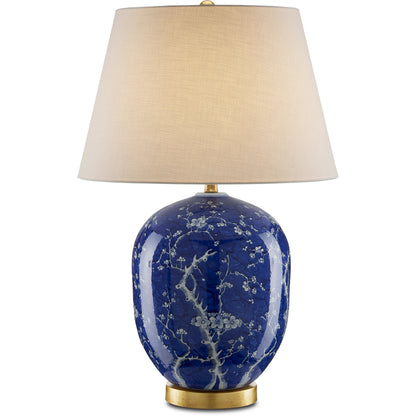Sakura Table Lamp by Currey and Company in blue, white, gold leaf. Made from porcelain, steel in a transitional style.