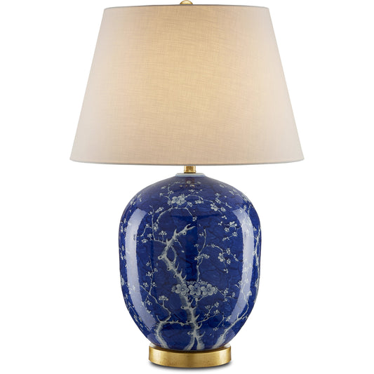 Sakura Table Lamp by Currey and Company in blue, white, gold leaf. Made from porcelain, steel in a transitional style.