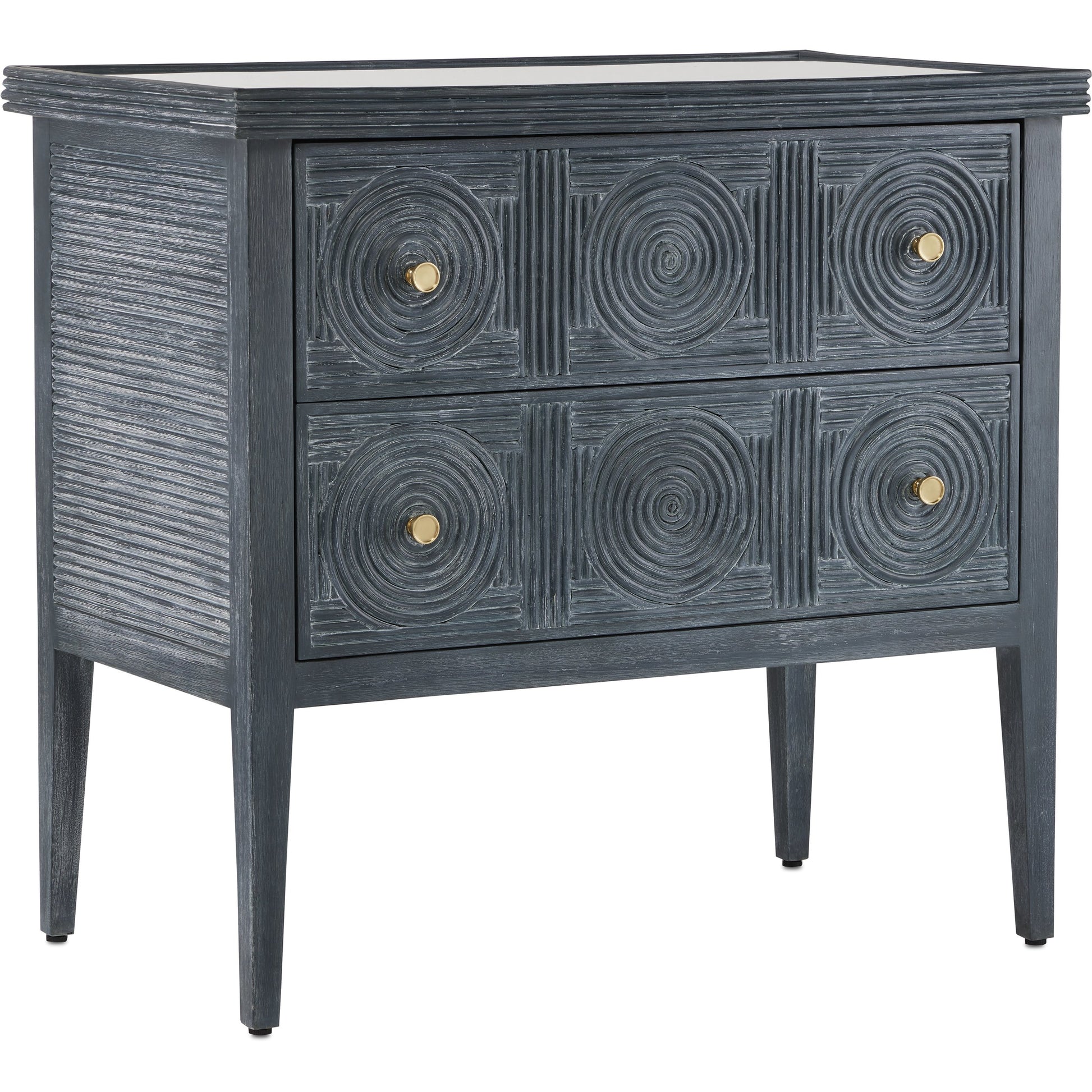 Santos 2-Drawer Chest by Currey and Company. Made from mahogany, rattan, brass, glass in a transitional style.
