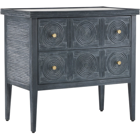 Santos 2-Drawer Chest by Currey and Company. Made from mahogany, rattan, brass, glass in a transitional style.