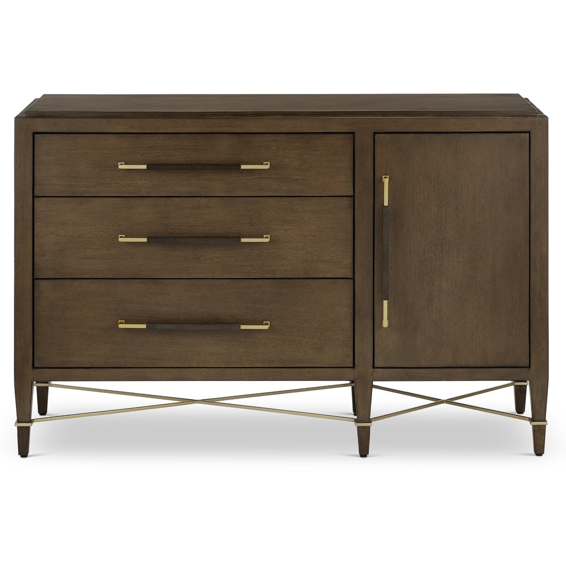 Verona Three-Drawer Chest by Currey and Company in lacquered black linen, champagne. Made from black linen, mahogany, brass, iron in a traditional style.