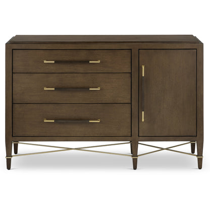 Verona Three-Drawer Chest by Currey and Company in lacquered black linen, champagne. Made from black linen, mahogany, brass, iron in a traditional style.