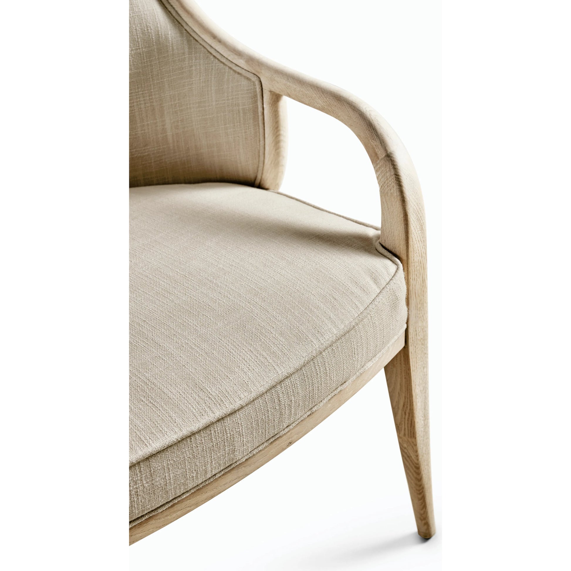 Water Basin Dining Arm Chair by Jonathan Charles in whitewash oak. Made from oak, foam, fabric, grass cloth in a modern style.