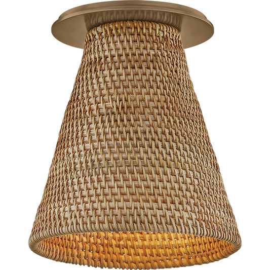 Menifee Flush Mount by Troy in patina brass. Made from natural woven in a unique style.