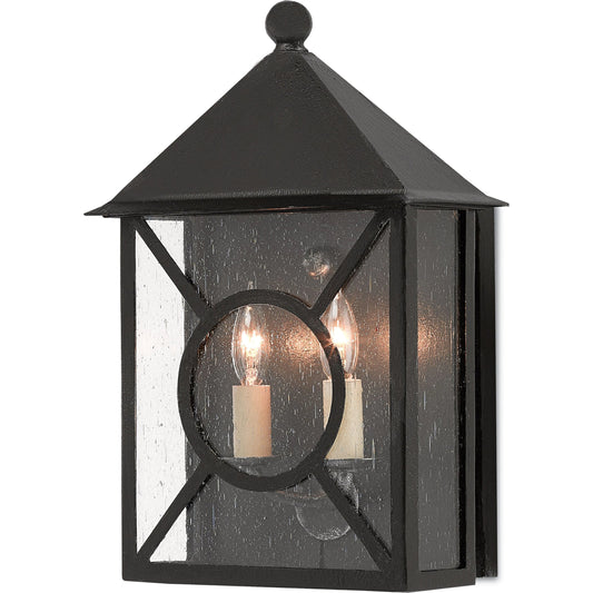 Ripley Outdoor Wall Sconce by Currey and Company in midnight (pure black). Made from wrought iron, glass in a traditional style.