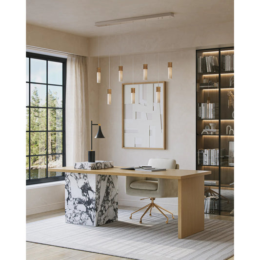 Cannula 7-Light Linear Multi-Drop Pendant by Currey and Company in vintage brass, white, silver. Made from brass, alabaster in a modern style.