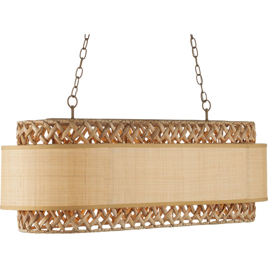 Isola Chandelier by Currey and Company in khaki, natural. Made from wrought iron, grass cloth in a cottage & farmhouse style.
