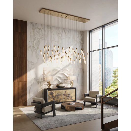 Cannula 30-Light Linear Multi-Drop Pendant by Currey and Company in vintage brass, white, silver. Made from brass, alabaster in a modern style.