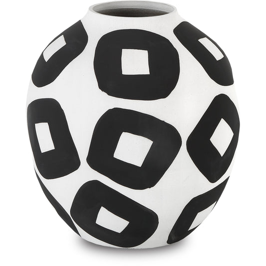 Pagliacci Vase by Currey and Company in white, black. Made from porcelain in a modern style.