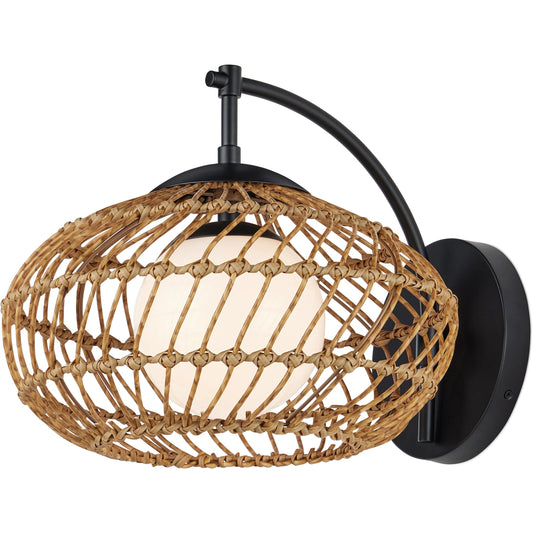 Carriage Outdoor Wall Sconce by Currey and Company in natural, black, frosted white. Made from all-weather wicker, metal, glass in a rustic style.