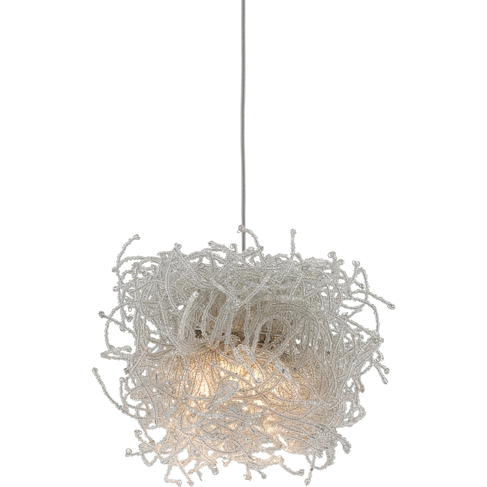 Birds Nest Pendant by Currey and Company in painted silver, clear. Made from metal, glass bead in a modern style.