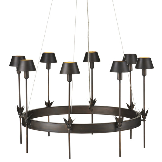 Coterie Chandelier by Currey and Company in bronze, gold. Made from wrought iron in a modern style.