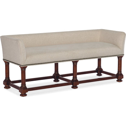 Charleston Bed Bench by Hooker Furniture in chateau linen and black cherry. Made from wood, fabric, nailheads in a modern style.