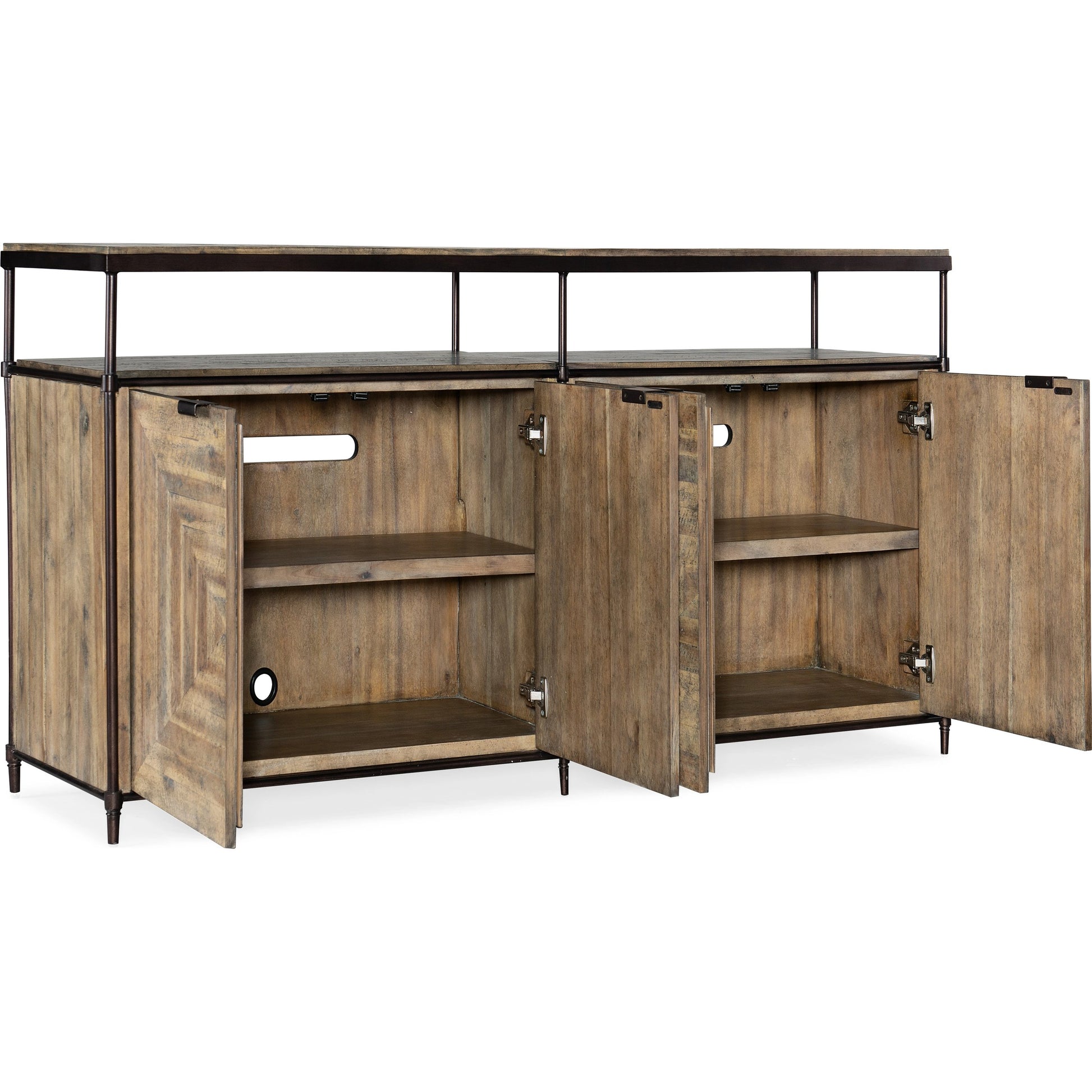 St. Armand Entertainment Console by Hooker Furniture in light natural. Made from acacia solids with round metal tube, metal sheet in a modern style.
