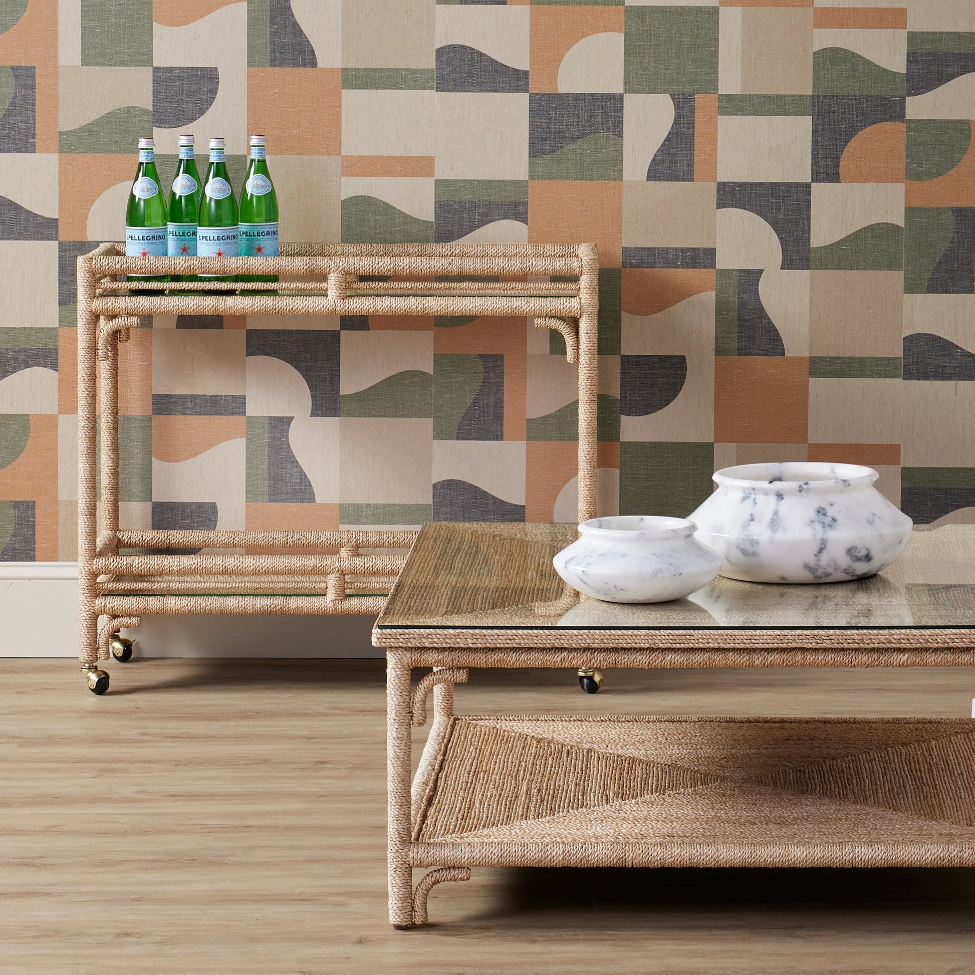 Olisa Cocktail Table by Currey and Company in natural, clear. Made from abaca rope, wrought iron, glass in a modern style.