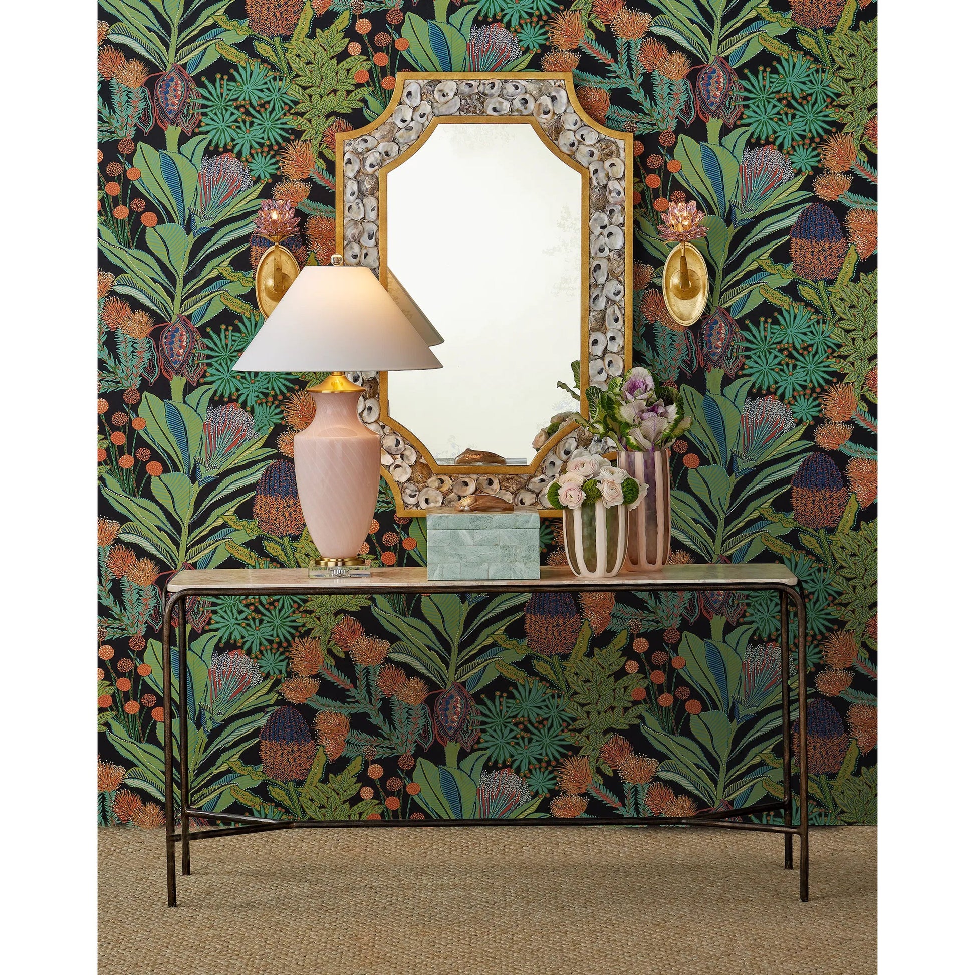 Crema Console Table by Currey and Company in natural, bronze. Made from marble, iron in a modern style.