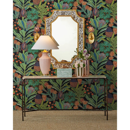 Crema Console Table by Currey and Company in natural, bronze. Made from marble, iron in a modern style.