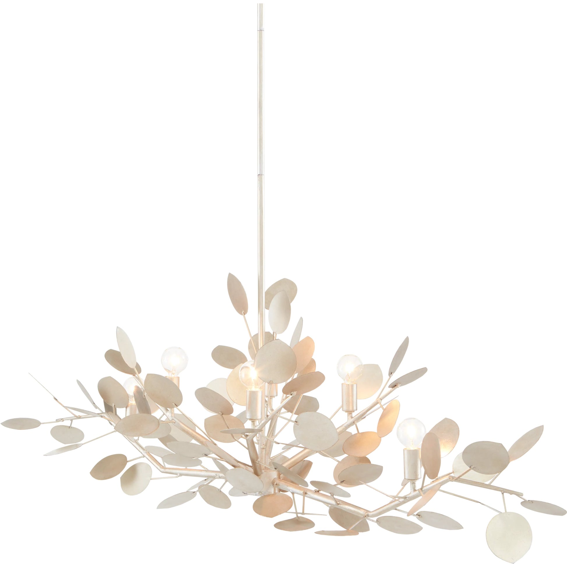 Lunaria Oval Chandelier by Currey and Company in contemporary silver leaf. Made from wrought iron in a transitional style.