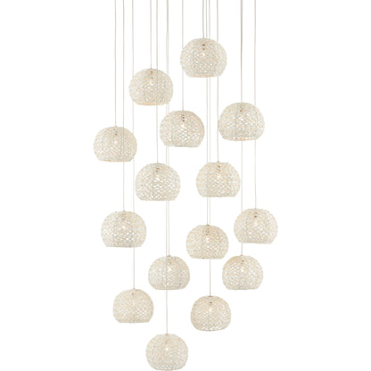 Piero Round 15-LIGHT Multi-Drop Pendant by Currey and Company in white, painted silver. Made from metal in a coastal style.