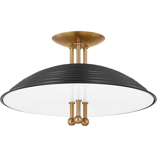 Larkin Semi Flush by Troy in patina brass, soft black. Made from steel in a unique style.