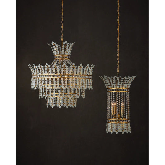 Bradshaw Lantern by Currey and Company in frosted, clear, brass. Made from glass, crystal, wrought iron in a unique style.